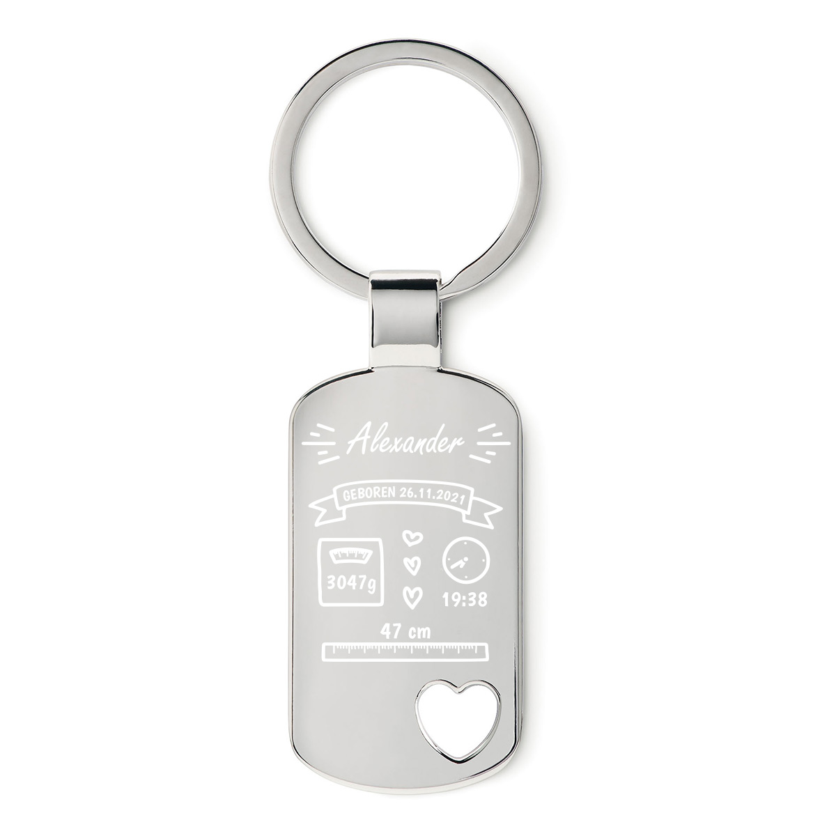 BabyGeburt-2-DogTag-Chrome-Herz Schlüsselanhänger DogTag Herz zur Geburt